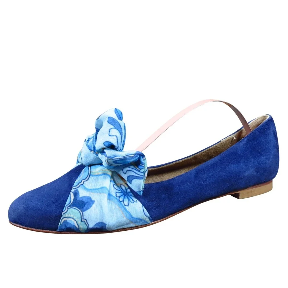 Italian Made Blue Suede‎ Ballet Flats Bow Detail Women EU 38 Pointed Toe
